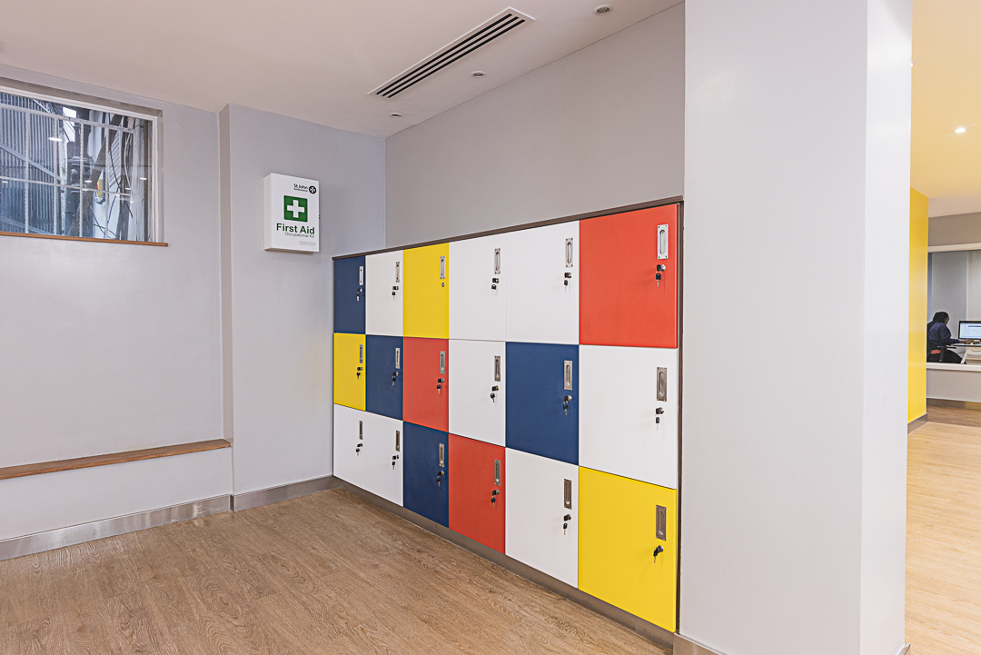 Colourful lockers in Stanbic bank for use by staff