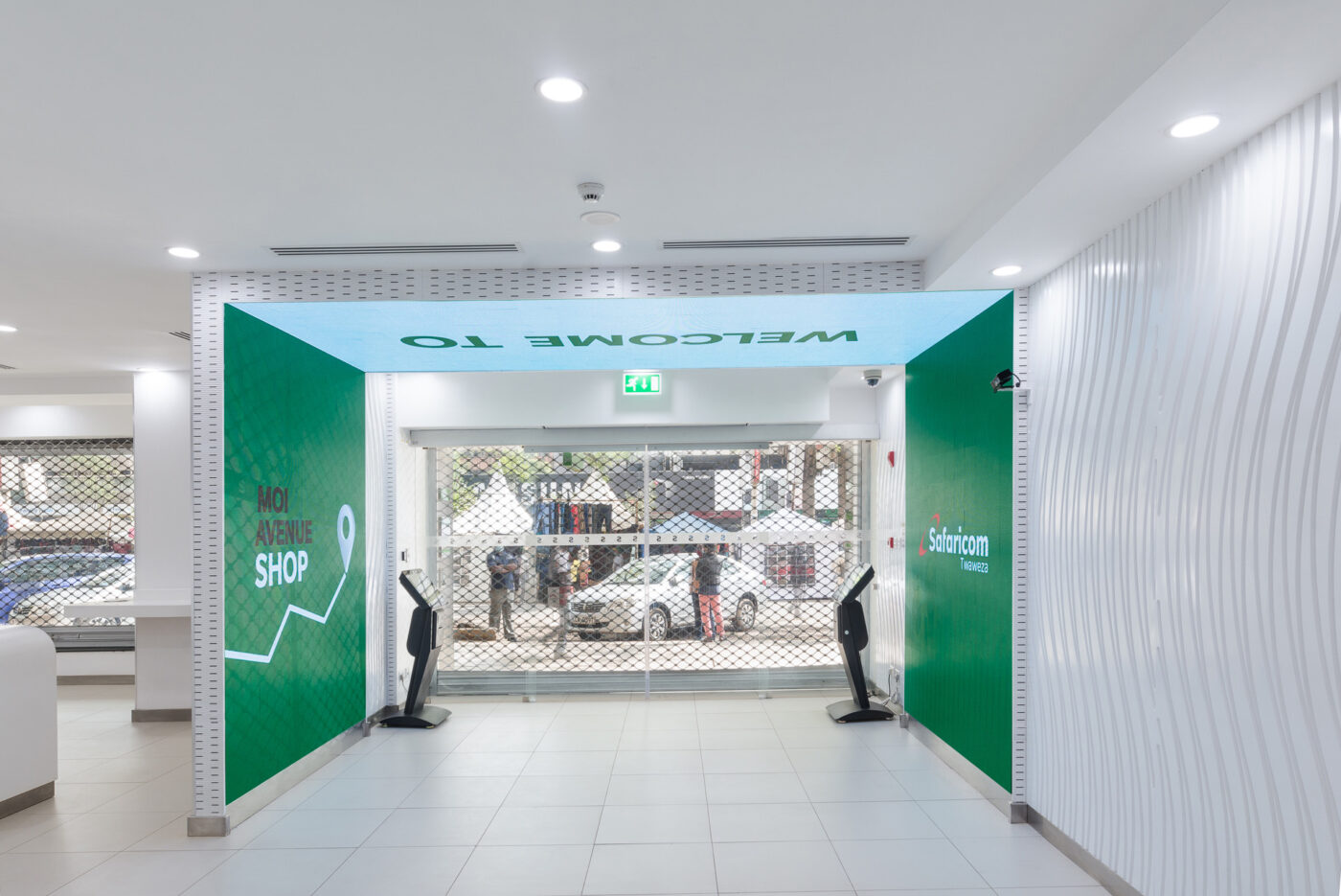 A minimalistic interior view of Safaricom retail centres designed by Arcs Africa Architects in Moi Avenue