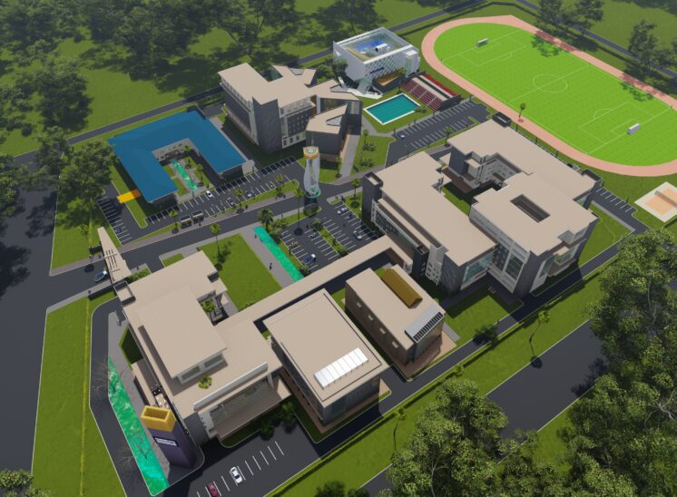 A 3d masterplan showing the proposed layout for Riara University in Konza city