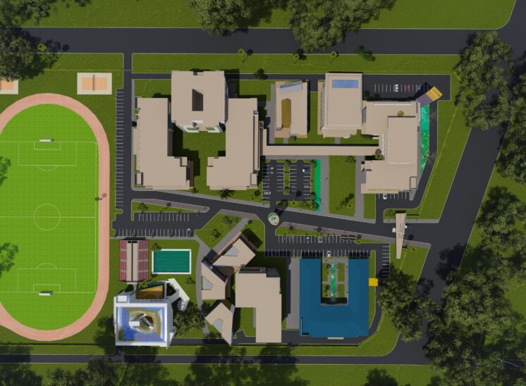 A 3d masterplan showing the proposed layout for Riara University in Konza city
